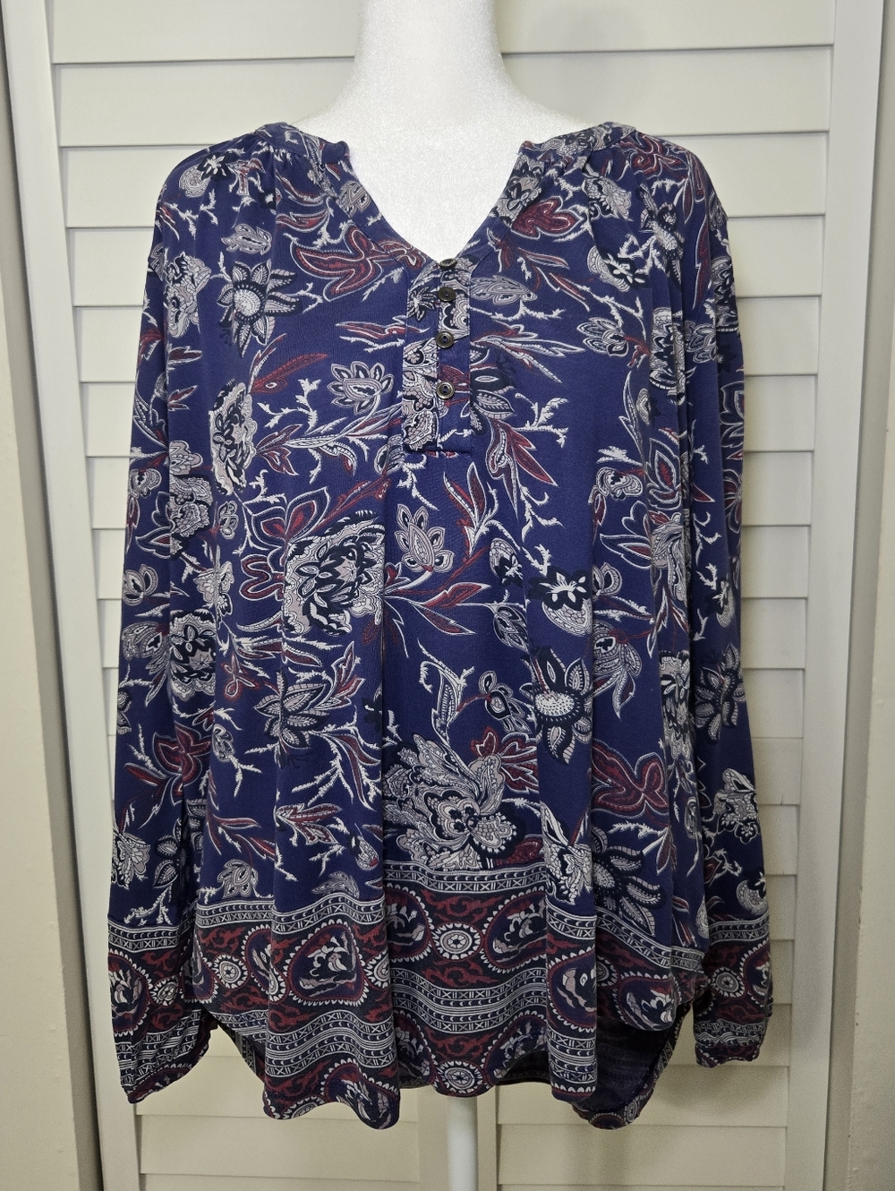 Lucky Brand Blue Paisley Henley Shirt Long Sleeve Size XL